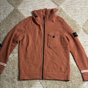 Men's Zip-Up Sweater Jacket in Rust with Sleeve Patch